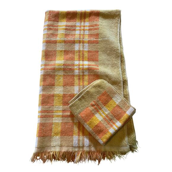 Vintage CONE towel & washcloth set orange greens white cotton 70s mod bathroom - Picture 1 of 3